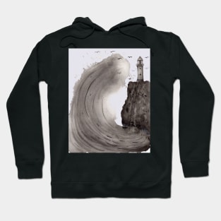 Big Wave with a Lighthouse Ink Illustration Hoodie